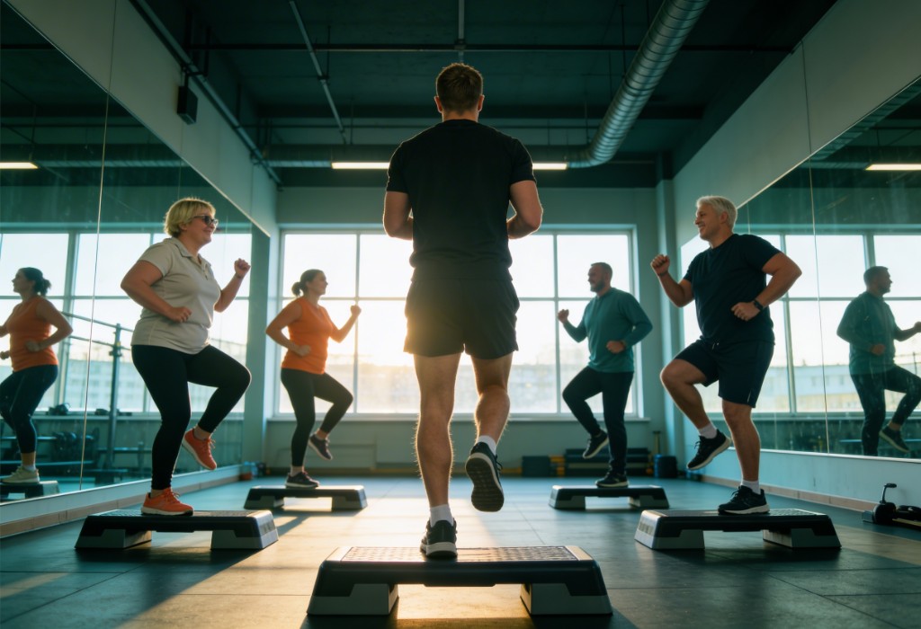 Grupa osób na zajęciach fitness ze stepami pod okiem instruktora w&nbsp;jasnej sali treningowej