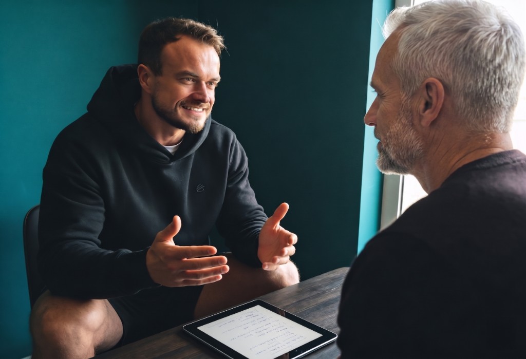 Trener personalny omawiający indywidualny plan treningowy z klientem na tablecie