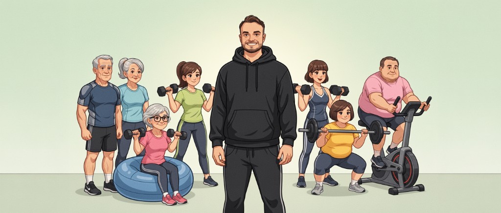 Różnorodne osoby trenujące z trenerem — seniorzy, osoby początkujące i aktywne, różne formy aktywności